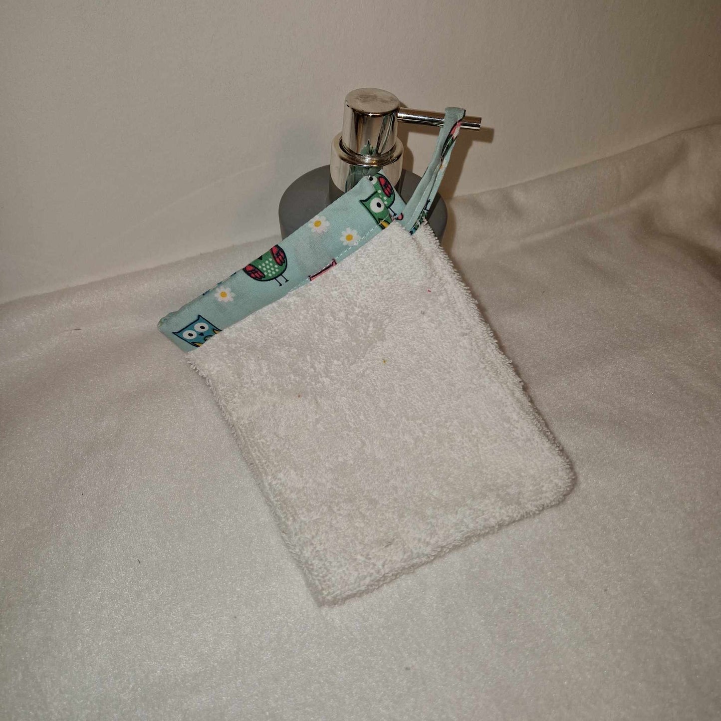 Gant de toilette "chouettes vert d'eau" - éponge de coton