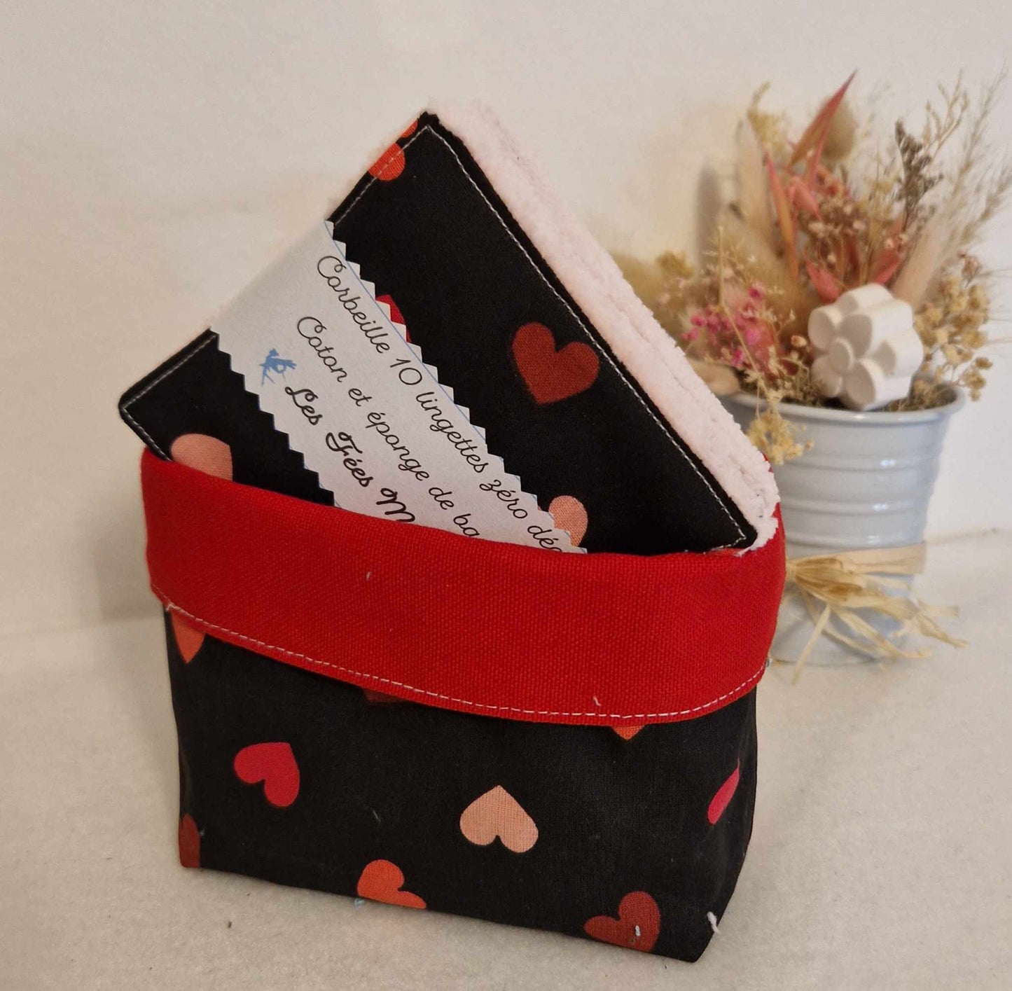 Corbeille 10 lingettes "coeurs" - éponge de bambou rose