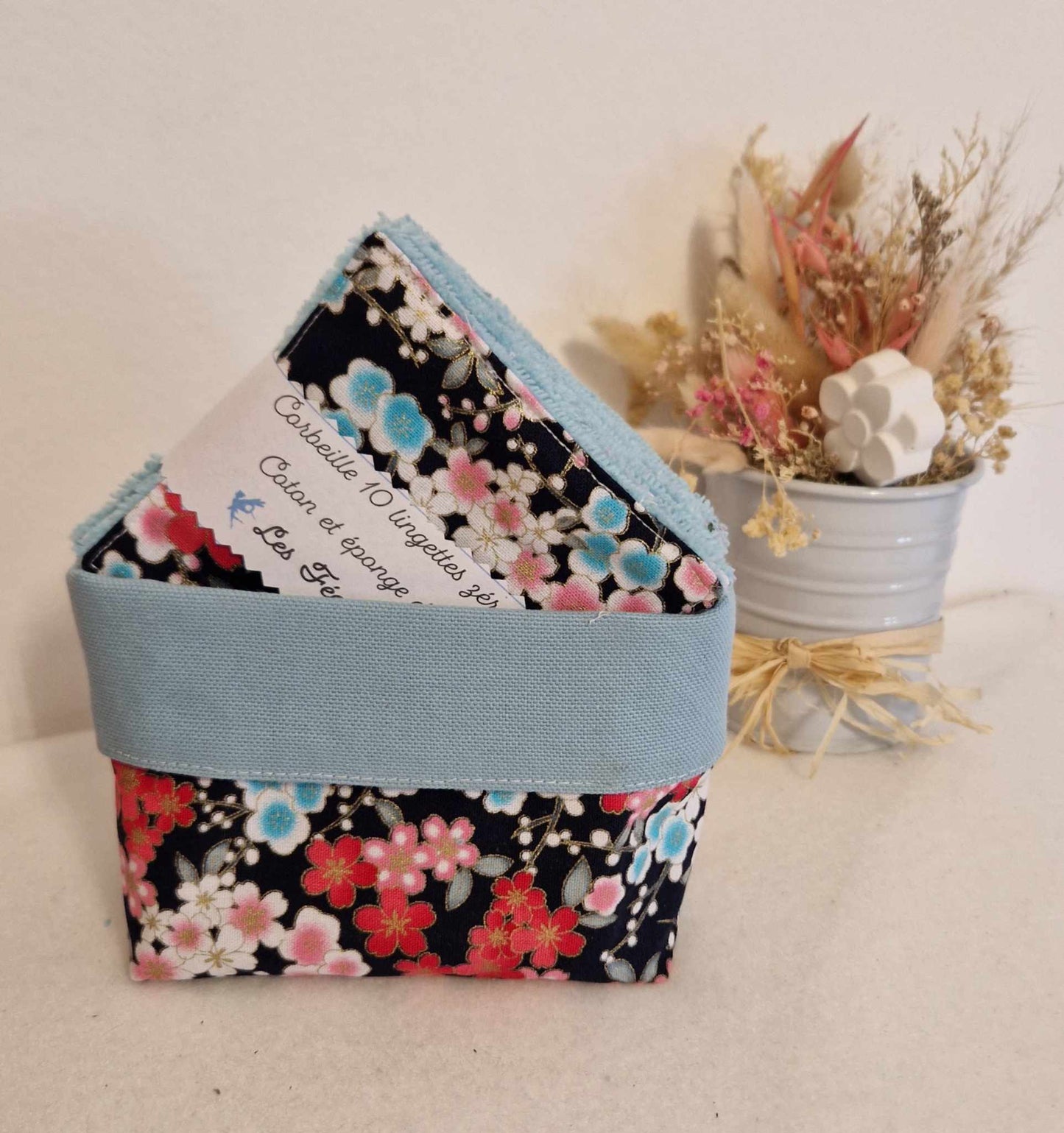 Corbeille 10 lingettes "fleurs japan" - éponge de bambou bleu d'eau