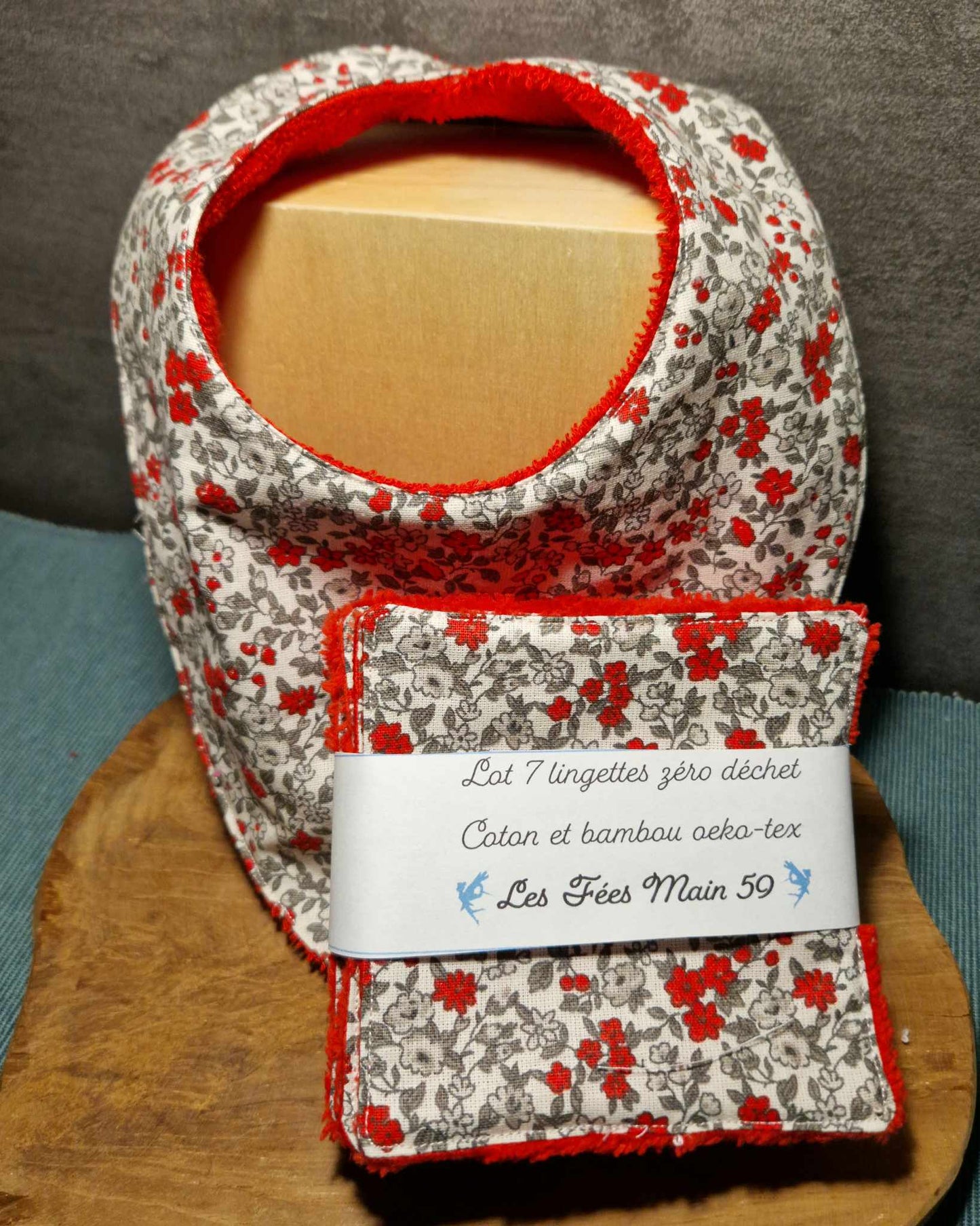 Bandana "Fleuri rouge" - éponge de bambou bouclettes