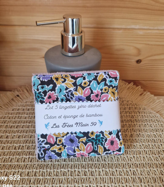 Lot 5 lingettes "fleuries pop et colorées" - bambou