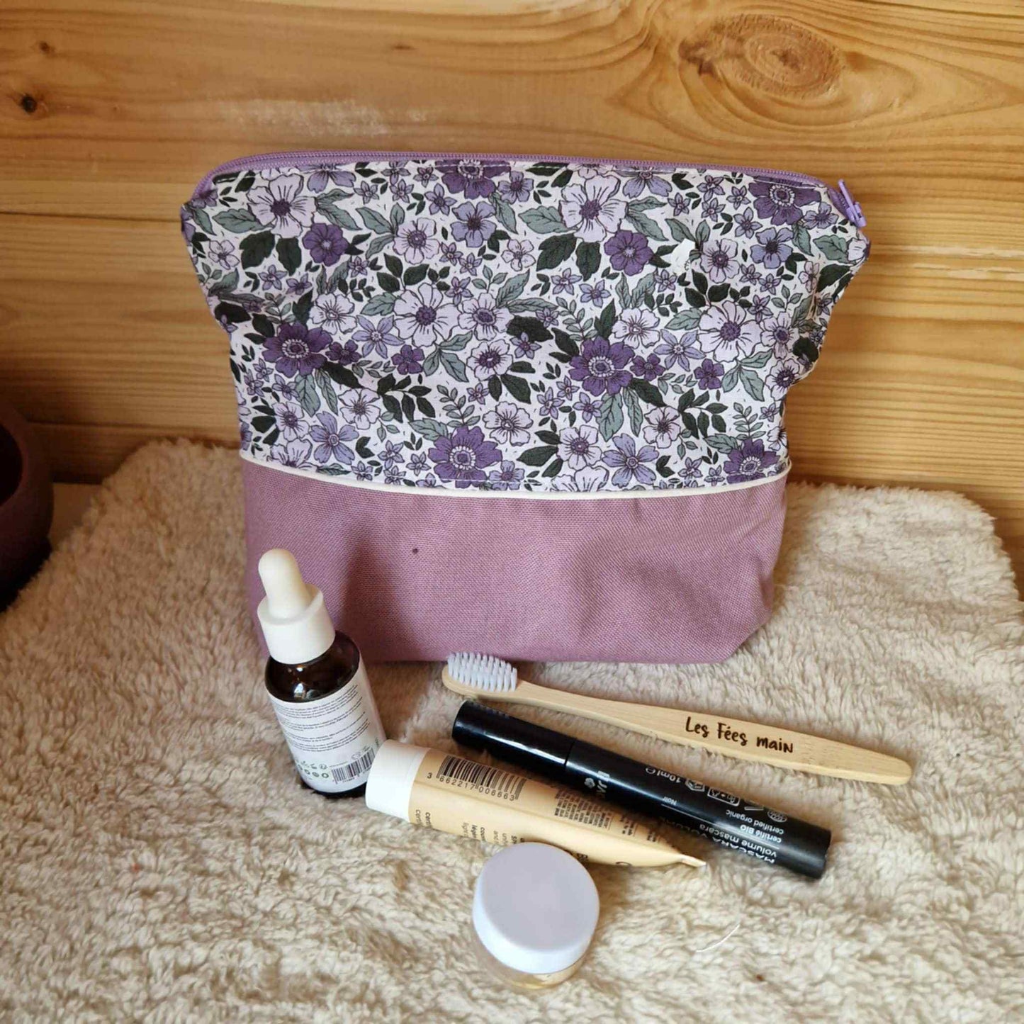 Petite trousse de toilette "Fleurie parme"