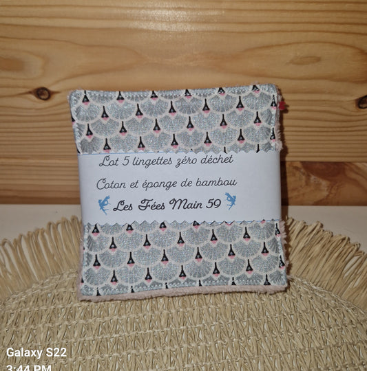 Lot 5 lingettes "évantails  gris" - bambou