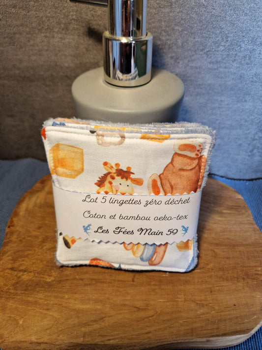 Lot 5 lingettes "jouets animaux"- éponge de bambou